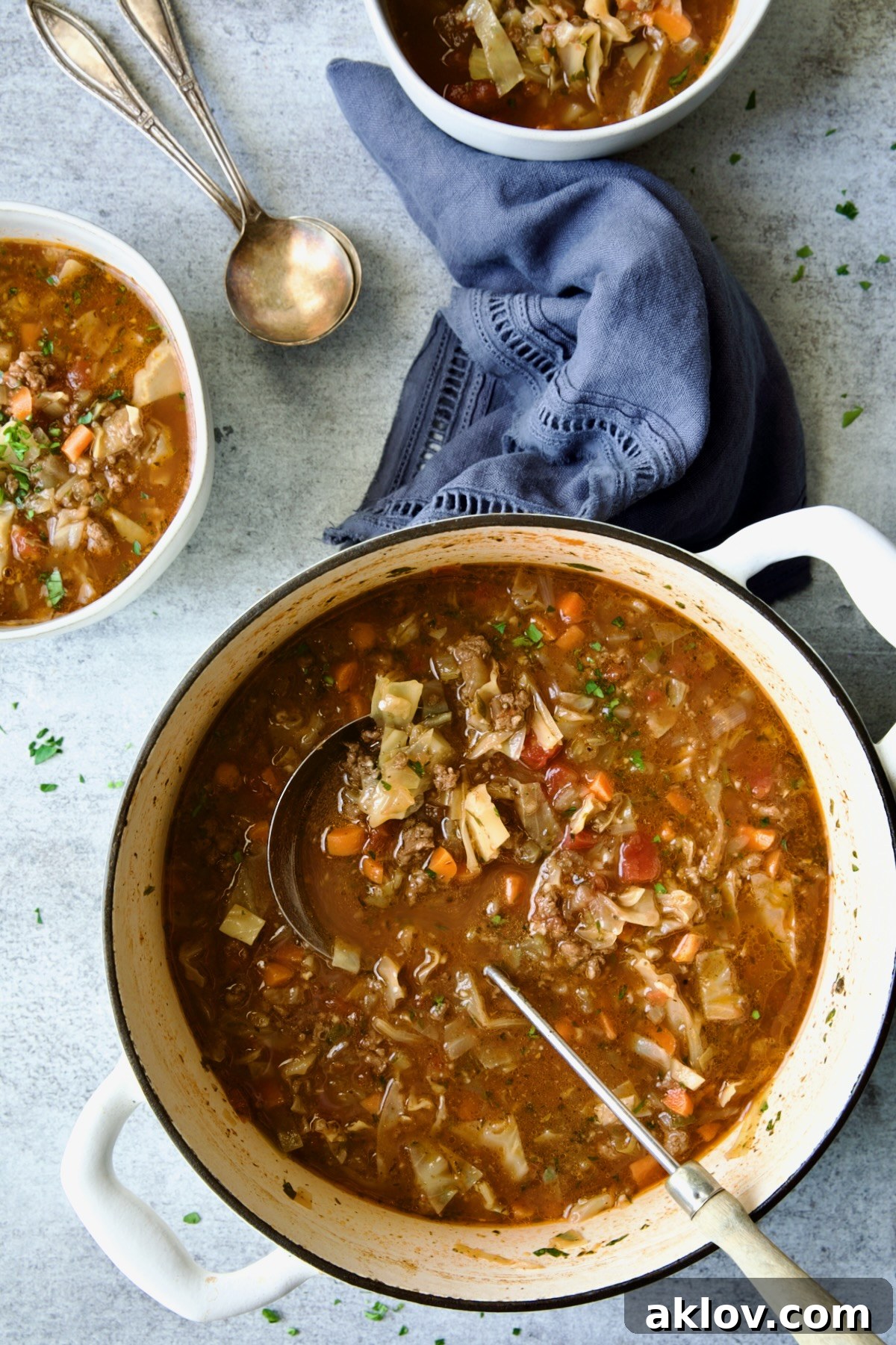 Beef and Cabbage Soup in white Dutch oven with some served into white soup bowls.
