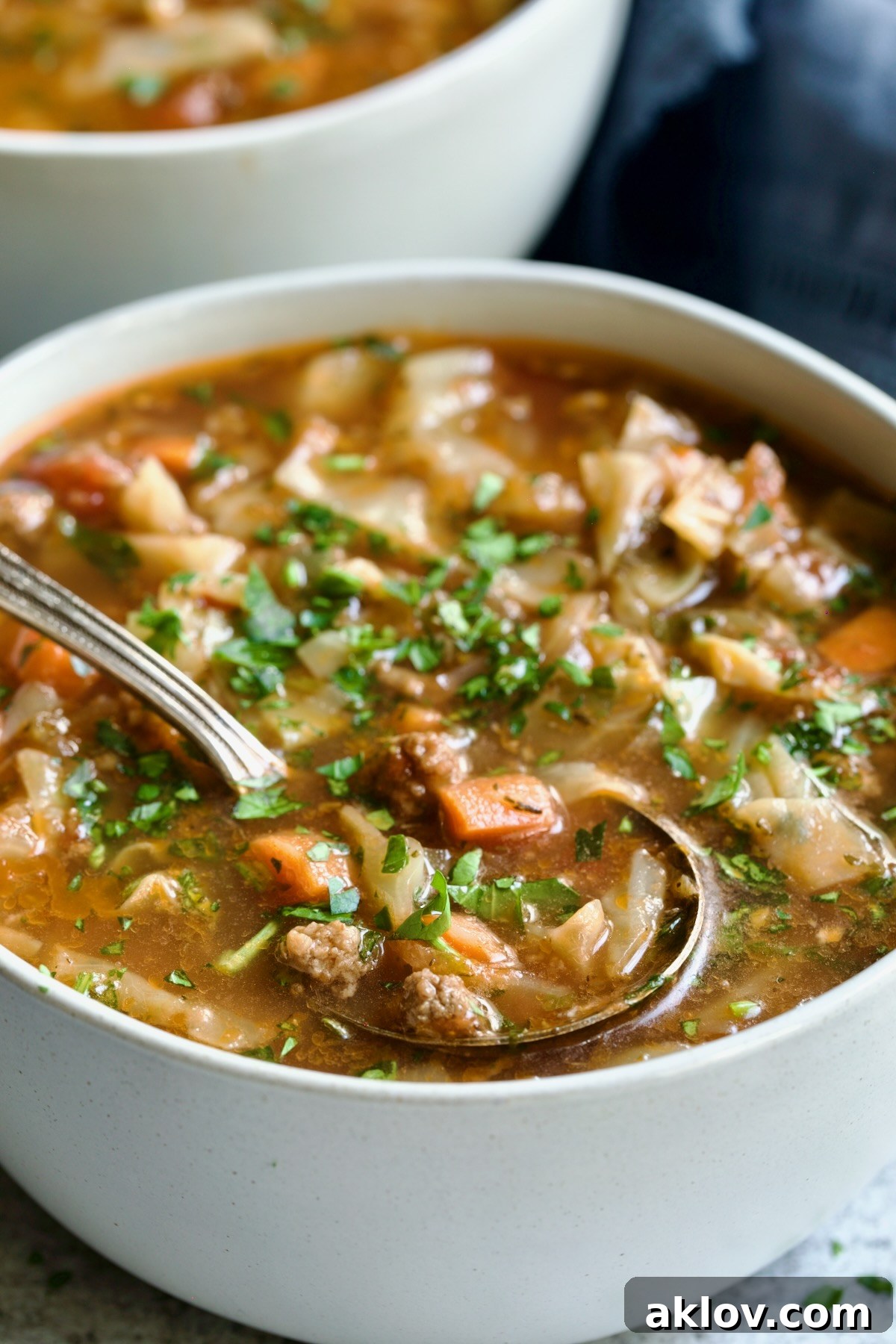 One serving of Beef and Cabbage Soup in white soup bowl with soup spoon.