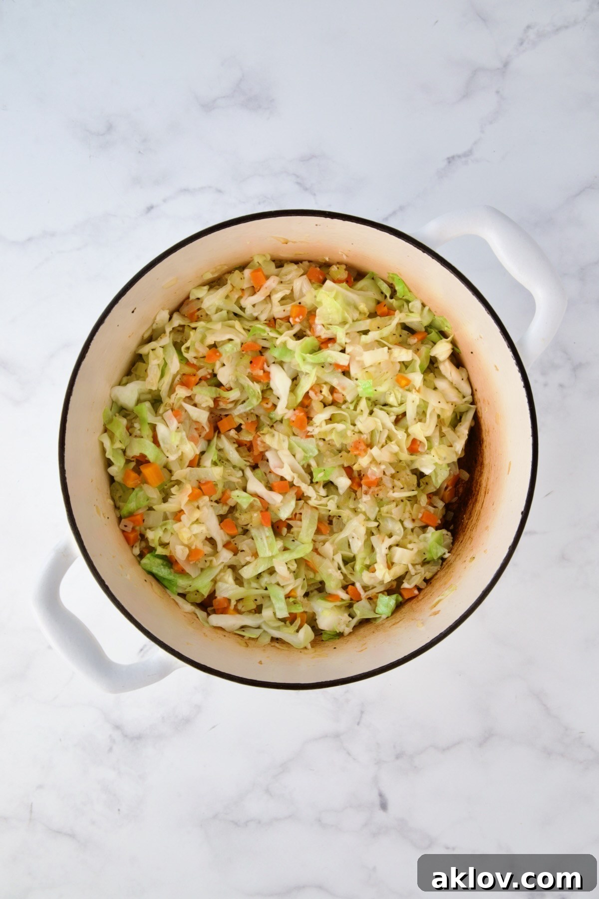Cooked onions, carrots, celery and cabbage in white Dutch oven.