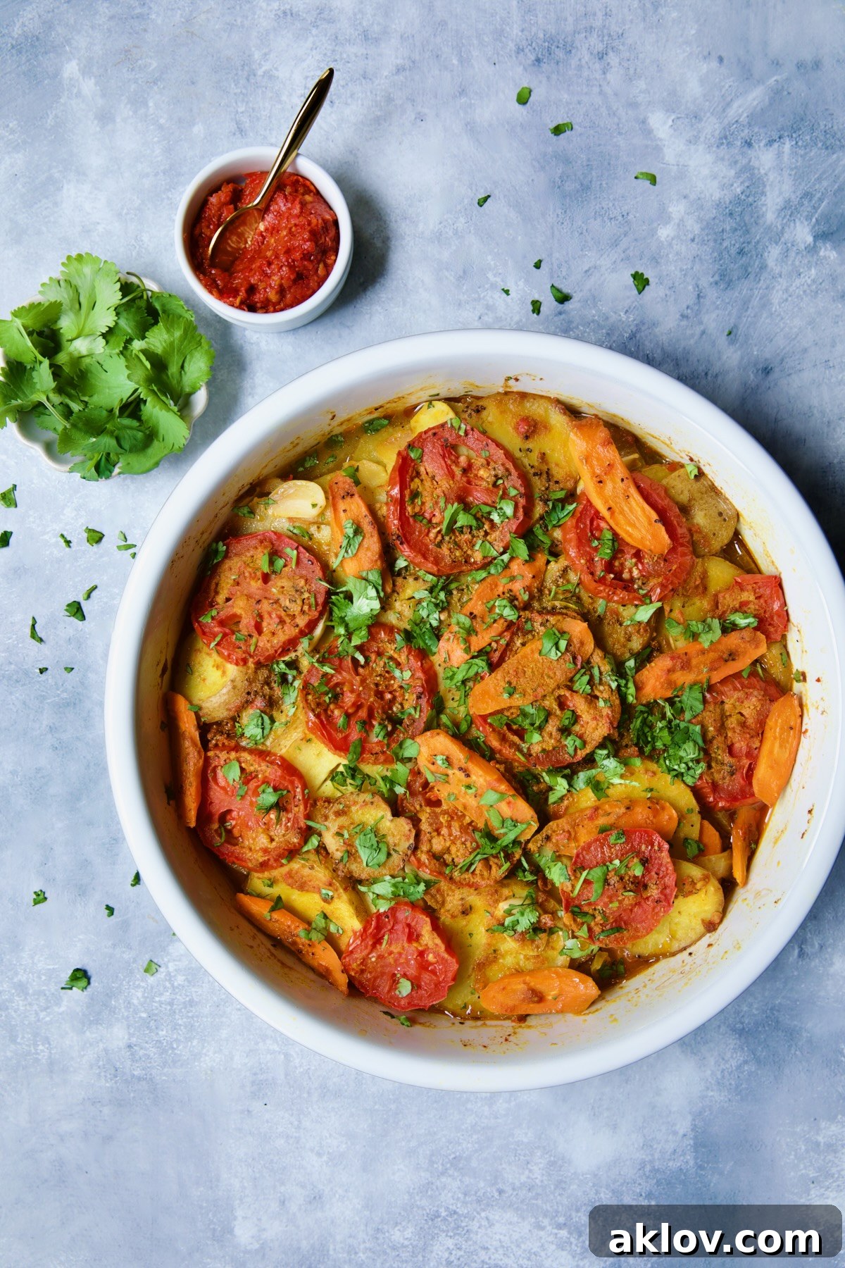 Moroccan Potato Tagine in round white baking dish.
