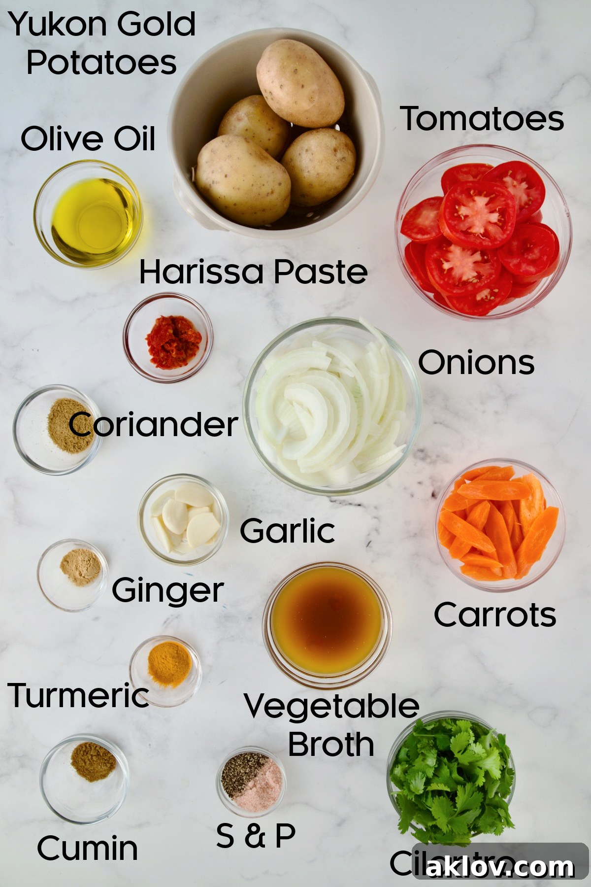 Ingredients for Moroccan Potato Tagine in glass bowls.
