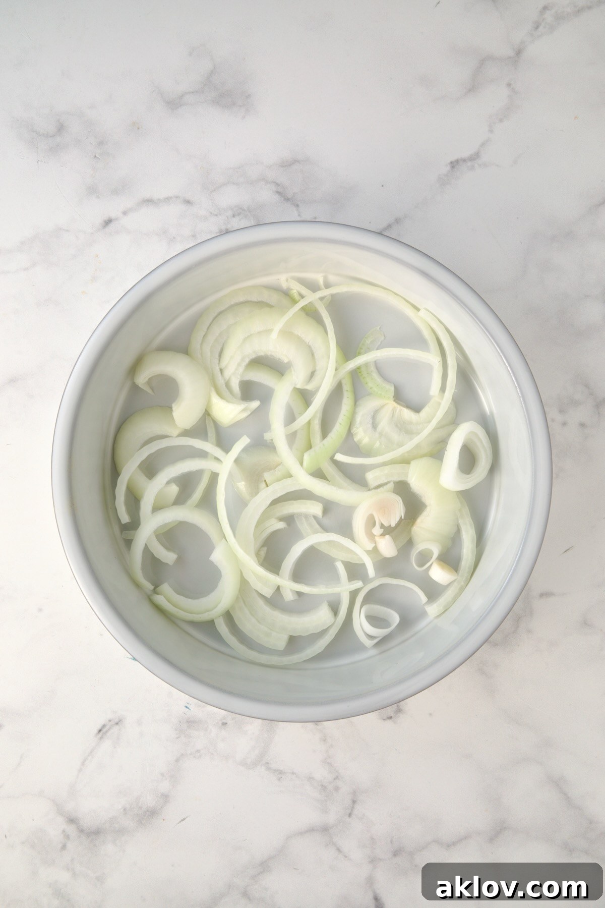 Sliced onions in the bottom of a round white baking dish.
