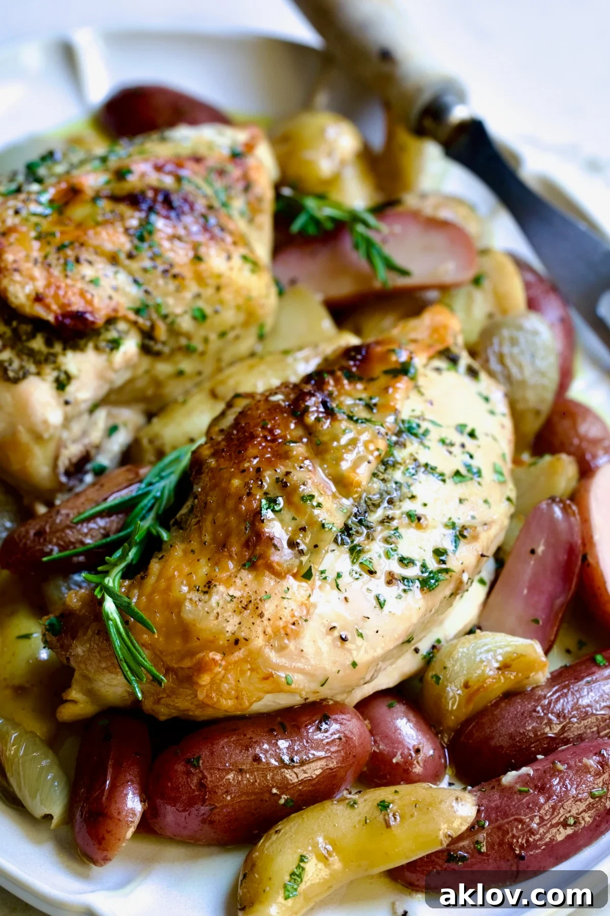Close-up of Roast Split Chicken Breasts with Potatoes and Shallots on platter with meat fork.