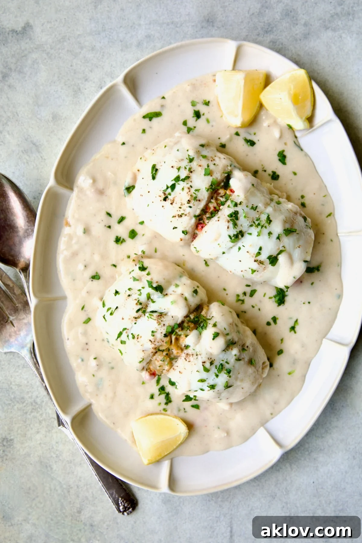 Two exquisite servings of Crab-Stuffed Flounder artfully arranged on an oval platter, garnished with fresh parsley and lemon wedges.