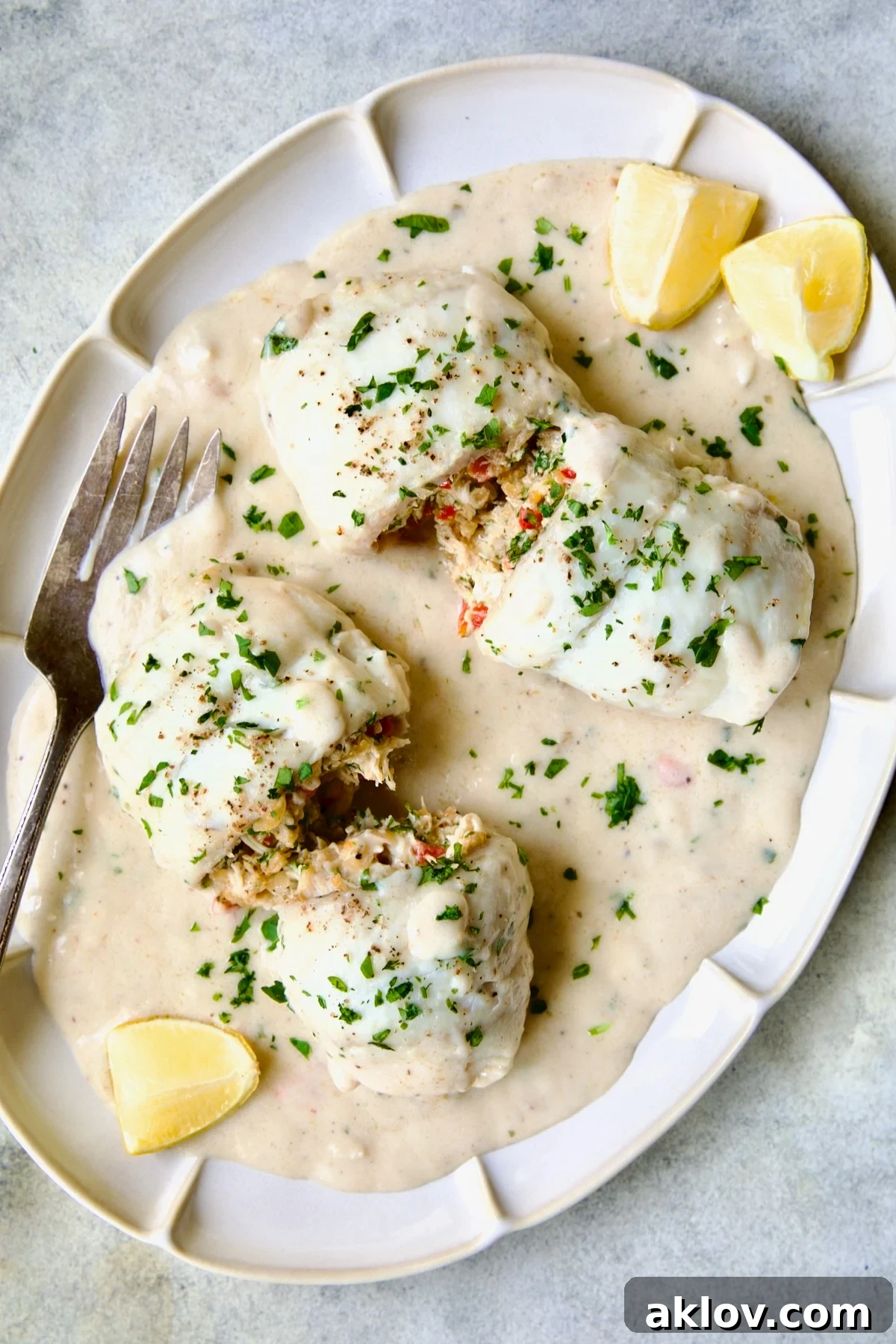 A serving of Crab-Stuffed Flounder on an oval platter, cut open to reveal the generous and savory crab filling within, alongside lemon wedges.