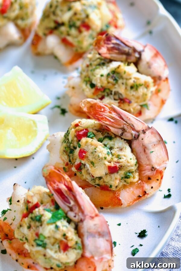Crab-Stuffed Shrimp on oval white platter garnished with parsley and lemon wedges.