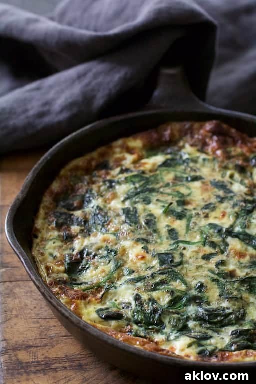 Mediterranean Greens and Feta Frittata 5 Photo of Spinach Leek and Feta Cheese Frittata in cast iron skillet with gray towel over handle. A delicious Spinach Leek and Feta Cheese Frittata resting in a cast iron skillet, with a protective gray towel draped over the handle, ready to be served.
