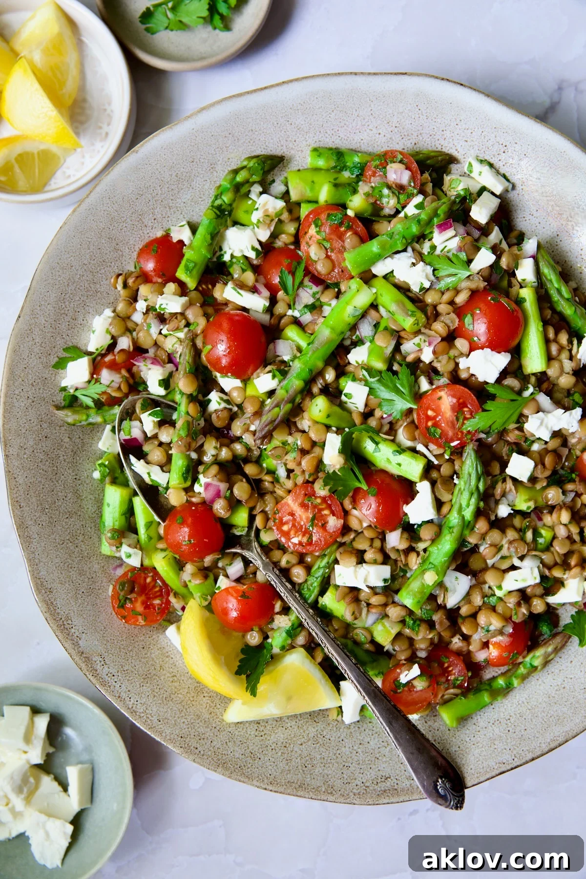 Vibrant Lemony Lentil Salad with Asparagus and Cherry Tomatoes, garnished with feta cheese, in a round earthenware serving bowl with a wooden serving spoon.