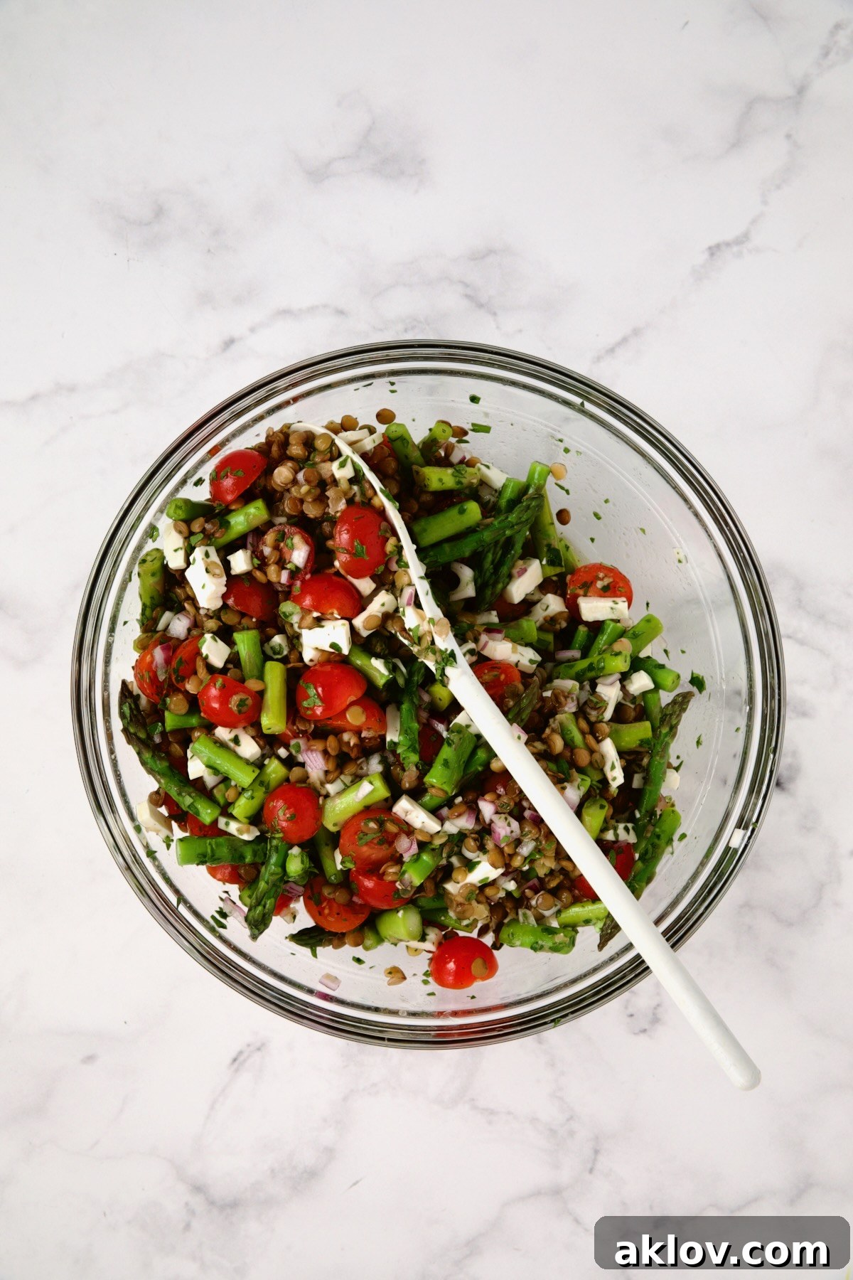 The finished Lemony Lentil Salad with Asparagus and Tomatoes, delicately tossed with crumbled feta cheese, presented in a large glass bowl.