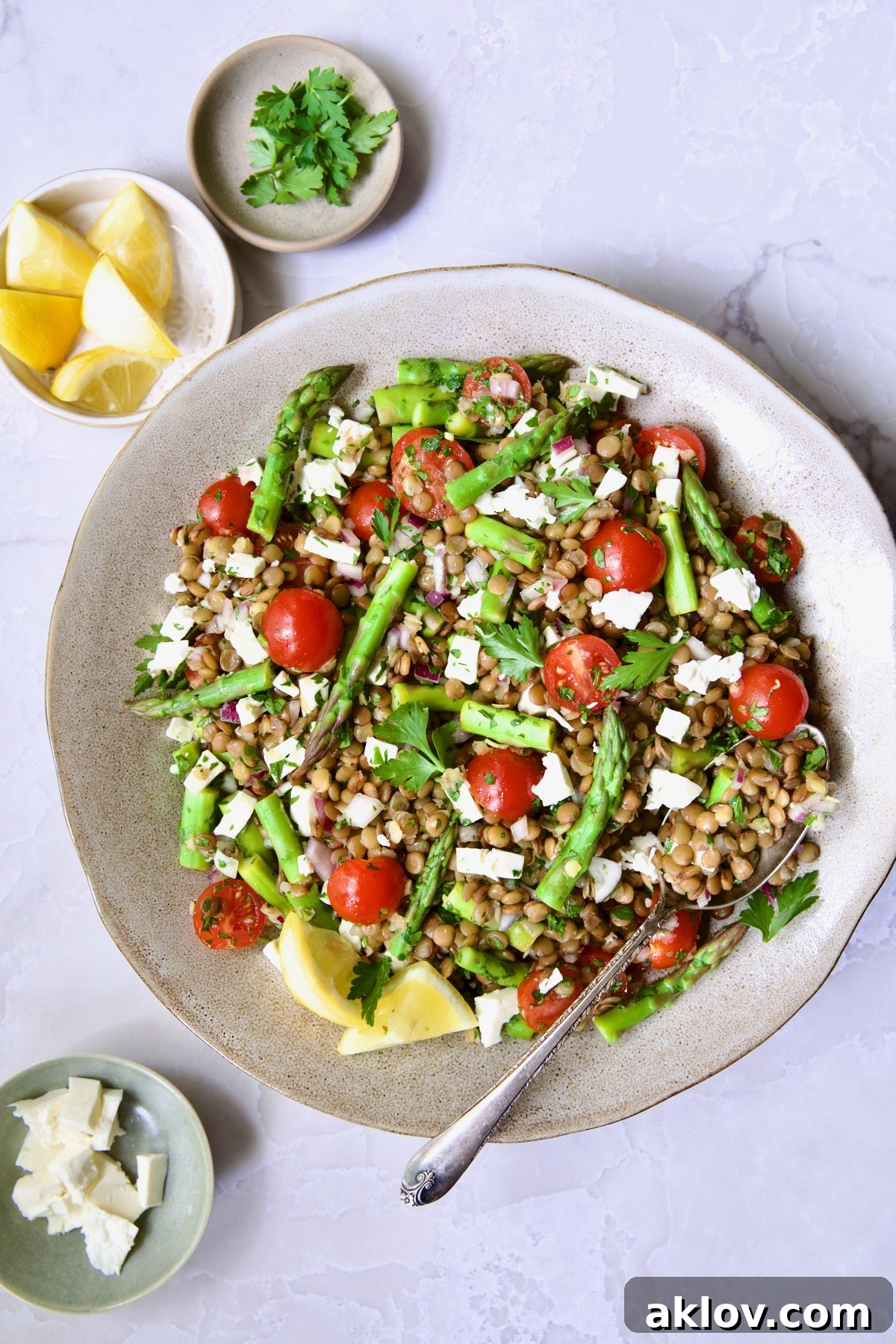 A generous serving of Lemony Lentil Salad with Asparagus and Cherry Tomatoes, topped with feta, in a round earthenware serving bowl with a wooden serving spoon, ready to be enjoyed.