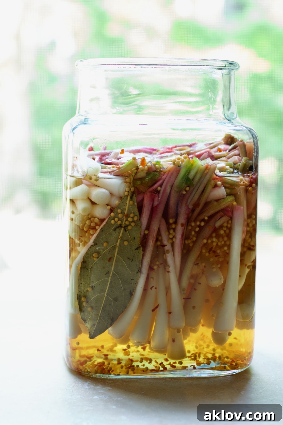 Jar of beautifully pickled ramps, showcasing their vibrant green leaves and white bulbs suspended in a clear, amber-hued brine.