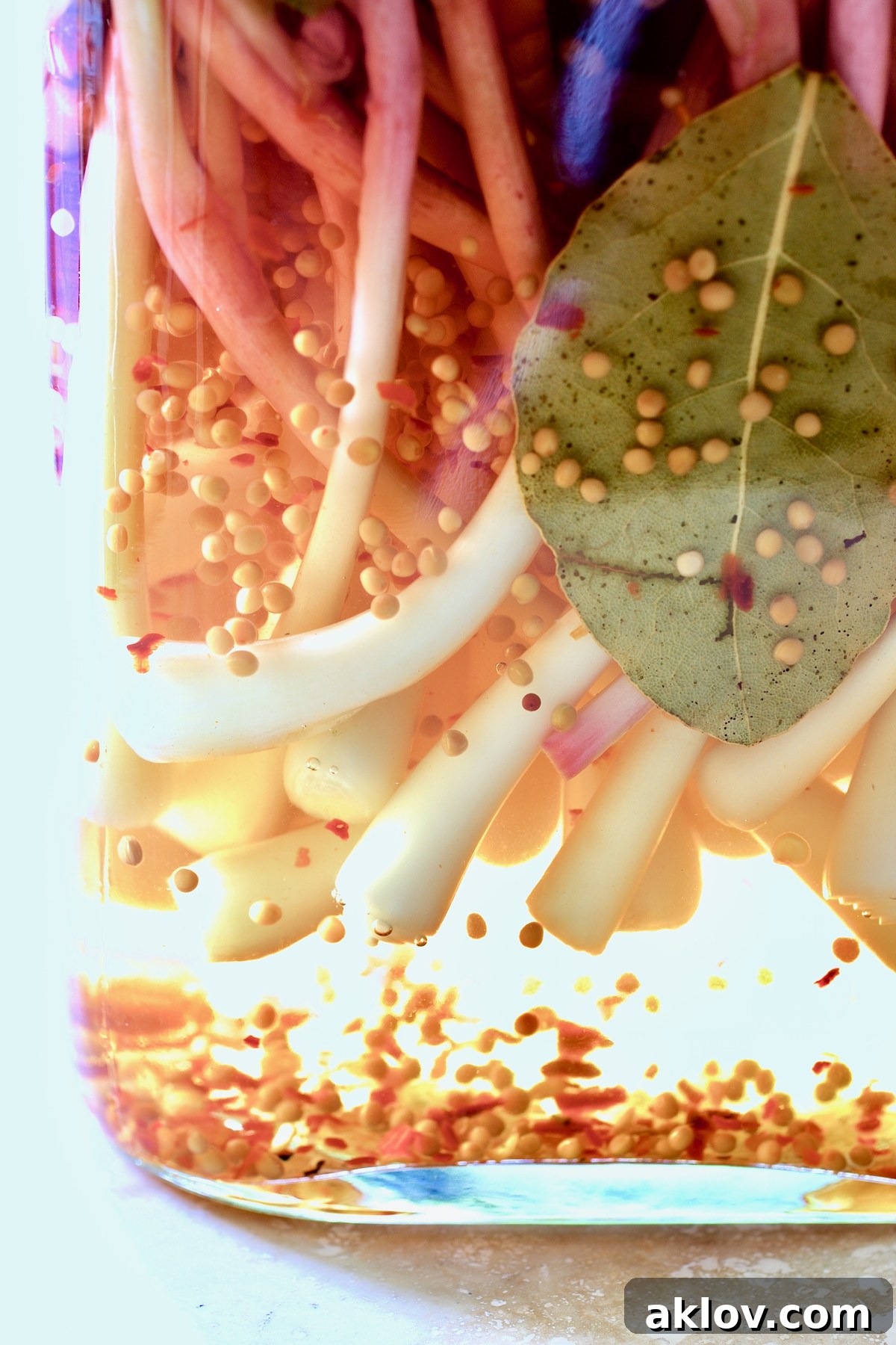 Freshly prepared pickled ramps in a sealed glass jar, submerged in a rich, amber-colored brine, chilling in the refrigerator to develop their flavors.