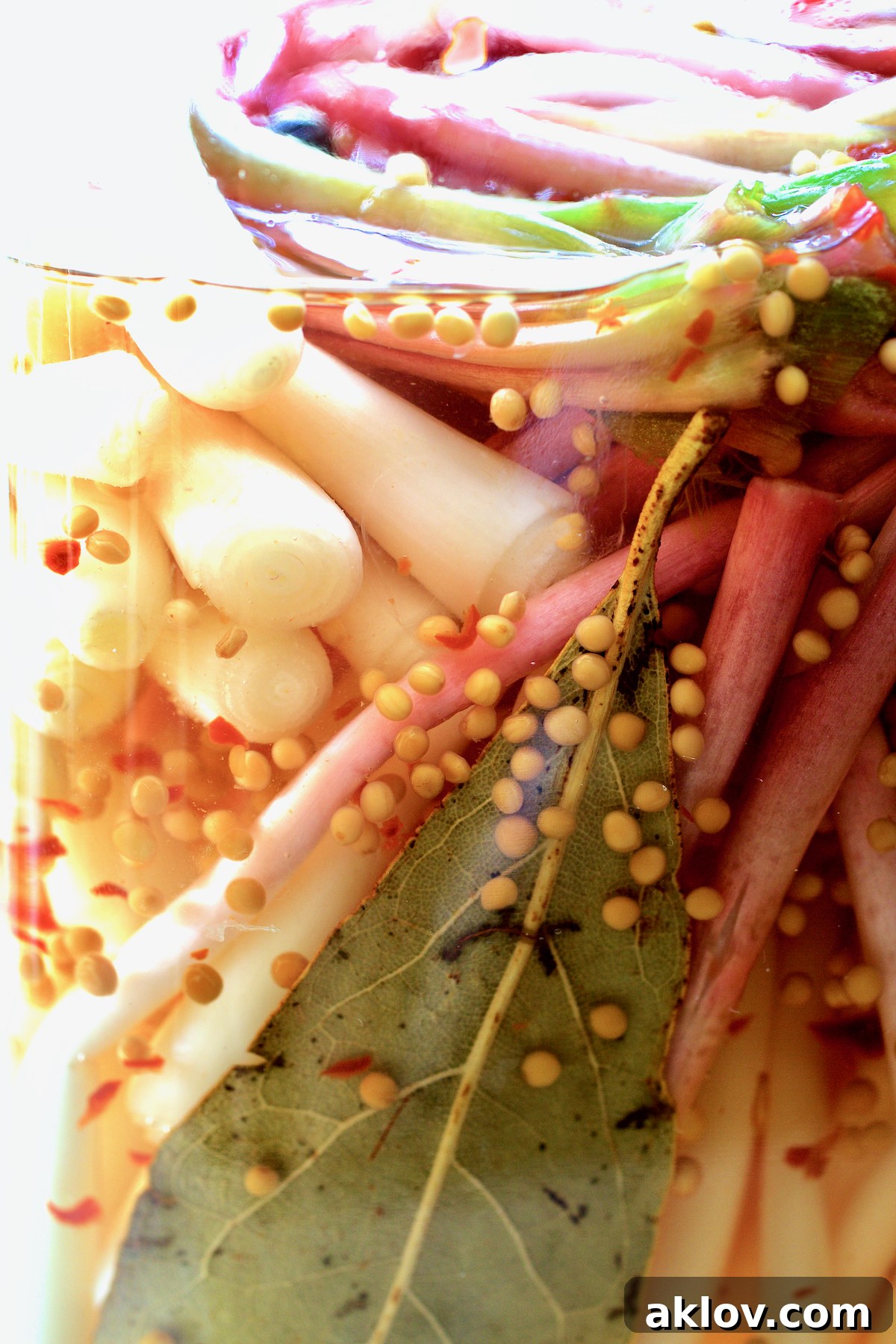 A close-up shot of a glass jar filled with perfectly pickled ramps, highlighting their texture, the inviting golden brine, and their readiness for enjoyment.