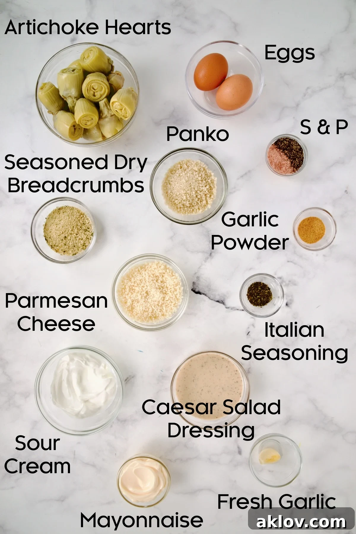 Ingredients for Crispy Parmesan Artichoke Hearts and Caesar Dip in glass bowls.