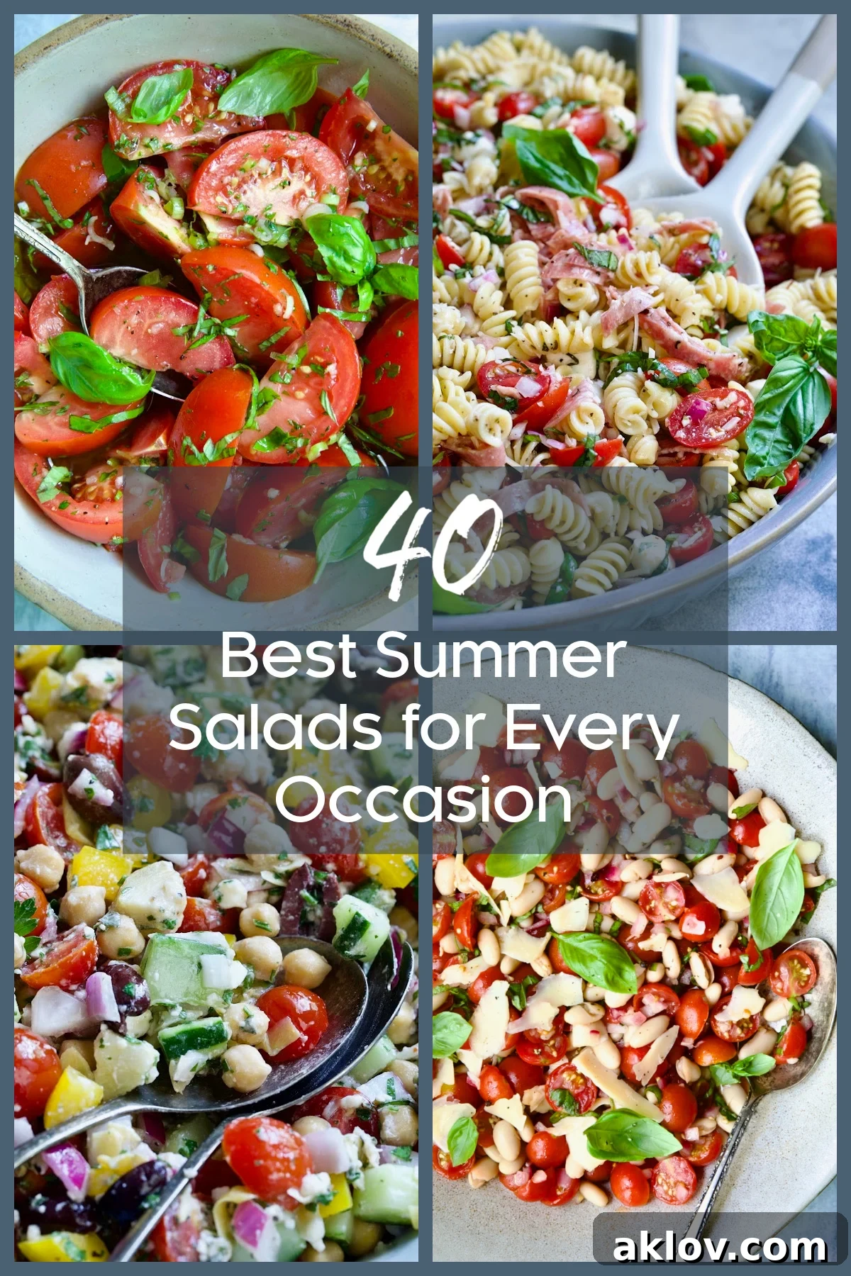 Pinterest graphic for 40 Best Summer Salads for Every Occasion showing four different salads.