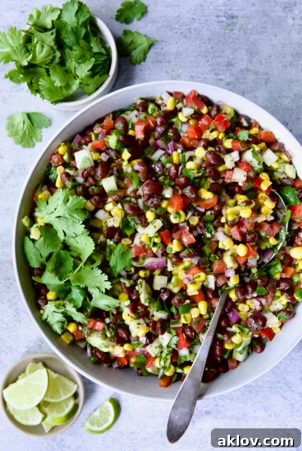 Southwestern Salad with beans, corn and other vegetables in round bowl with cilantro and lime.