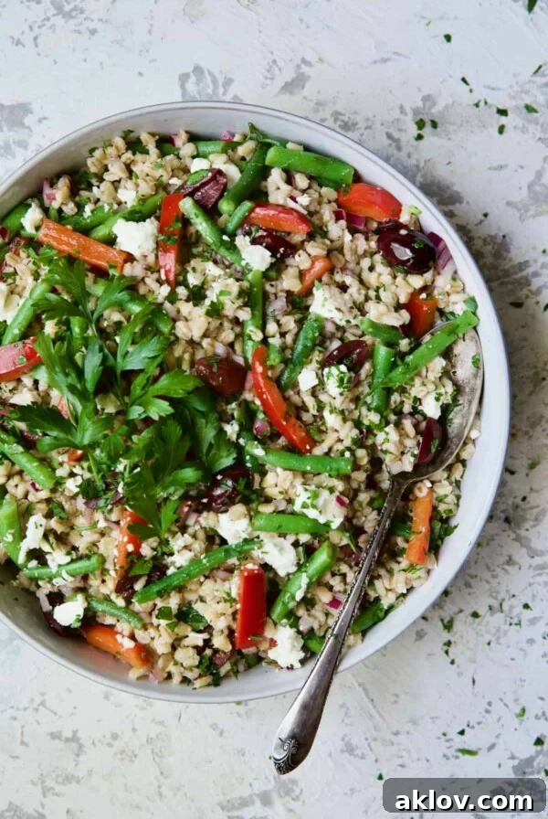 Mediterranean Barley Salad with Green Beans, Red Bell Pepper, Olives and Feta in serving bowl with serving spoon garnished with fresh parsley.