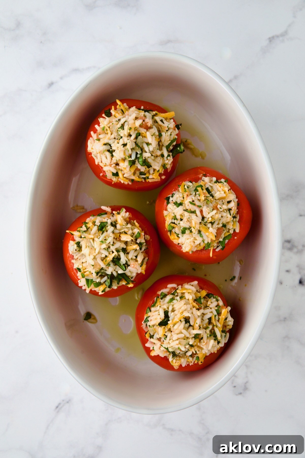 Four round cheese and rice-stuffed tomatoes in an oval baking dish before being baked, showing generous filling.