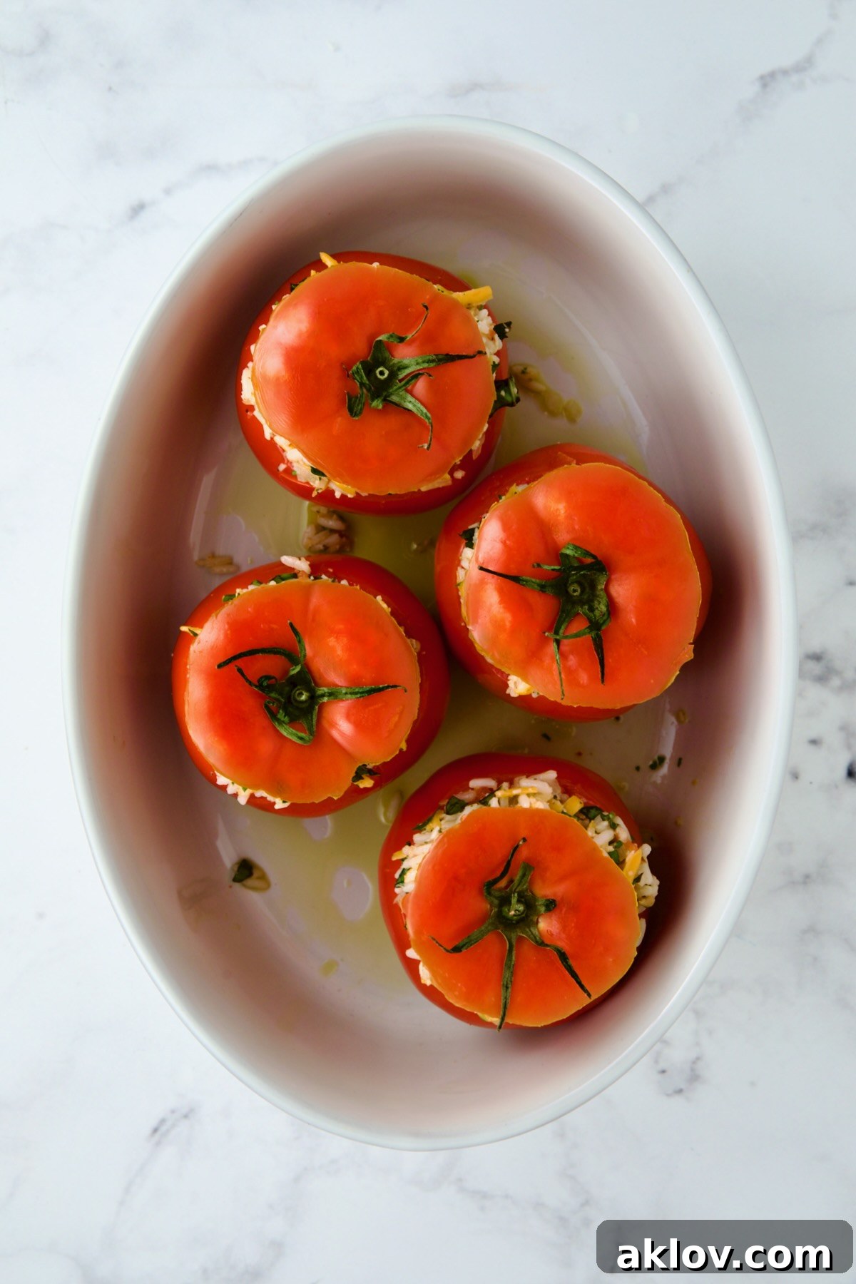 Four round cheese and rice-stuffed tomatoes in an oval baking dish before being baked, with the tomato tops placed back on top like lids.