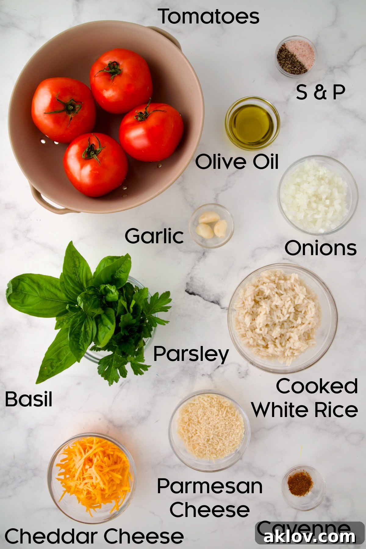 Ingredients for Cheesy Rice Stuffed Tomatoes Recipe in glass bowls, neatly arranged.