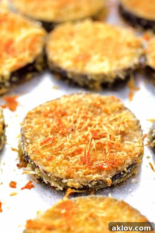 Photo of crispy, golden-brown eggplant slices, fresh out of the oven, cooling on a baking sheet.