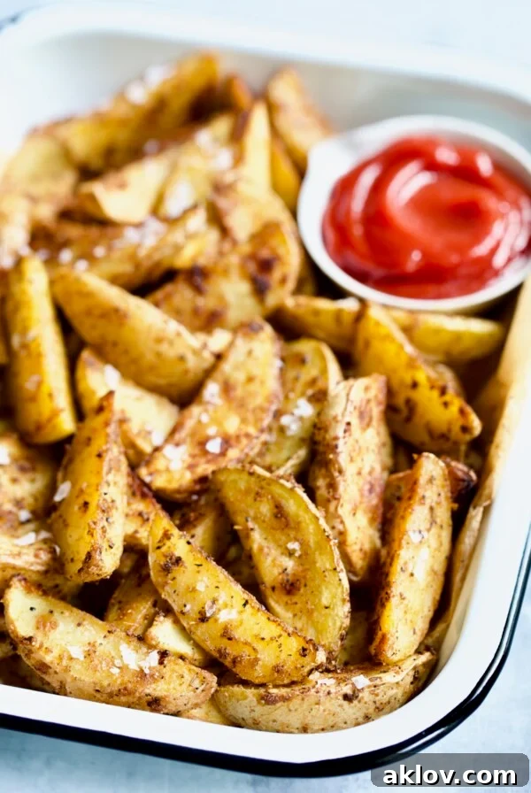 Perfectly roasted potato wedges served with a side of ketchup in a white enamel tray, highlighting their crispy texture.