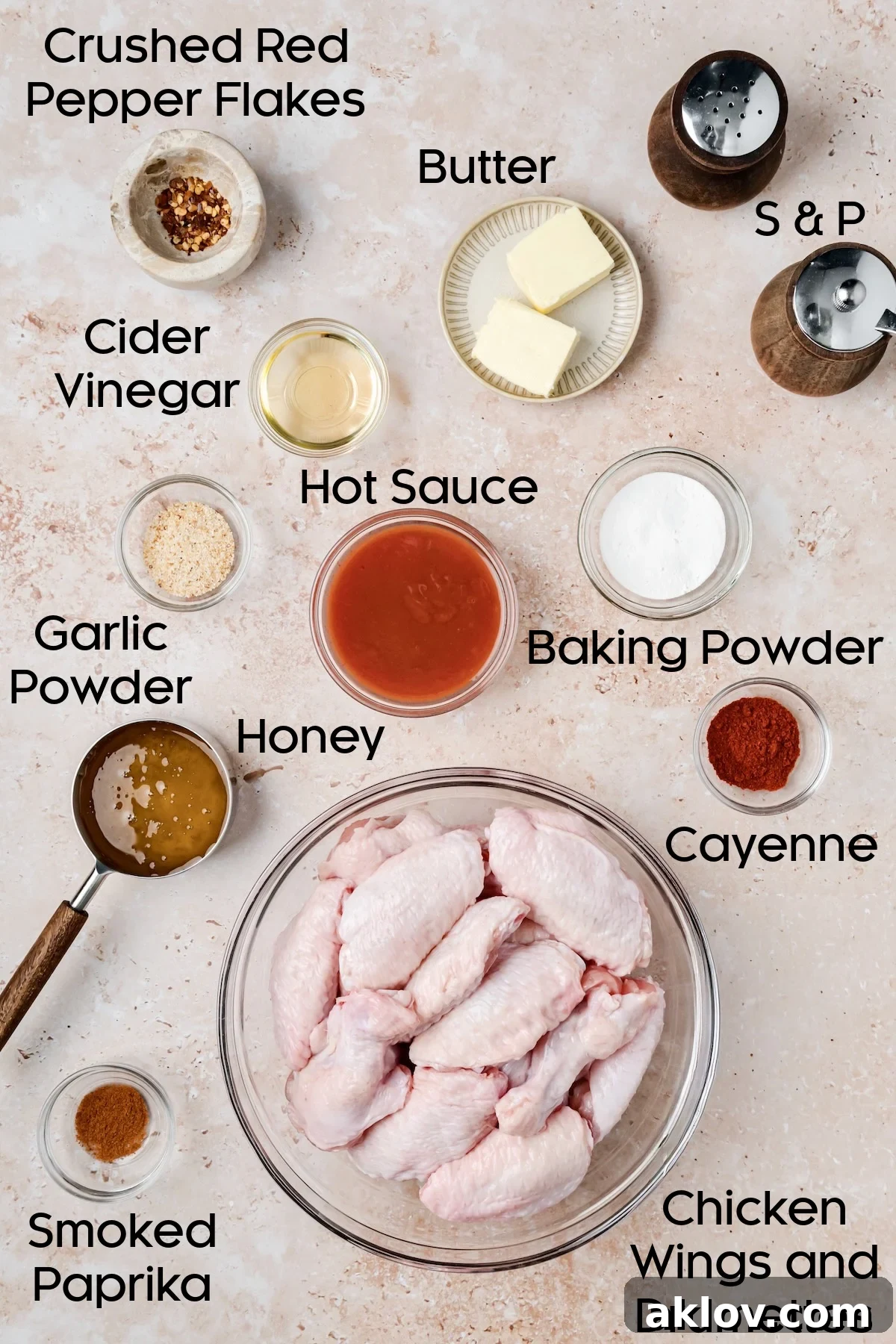 Ingredients for Hot Honey Chicken Wings in glass bowls.