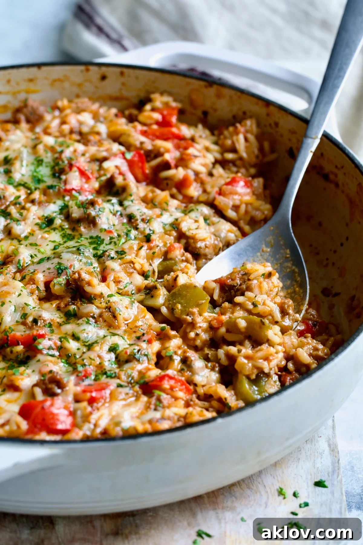 A close-up of the delicious Unstuffed Peppers Skillet, showcasing its rich texture and melted cheese.