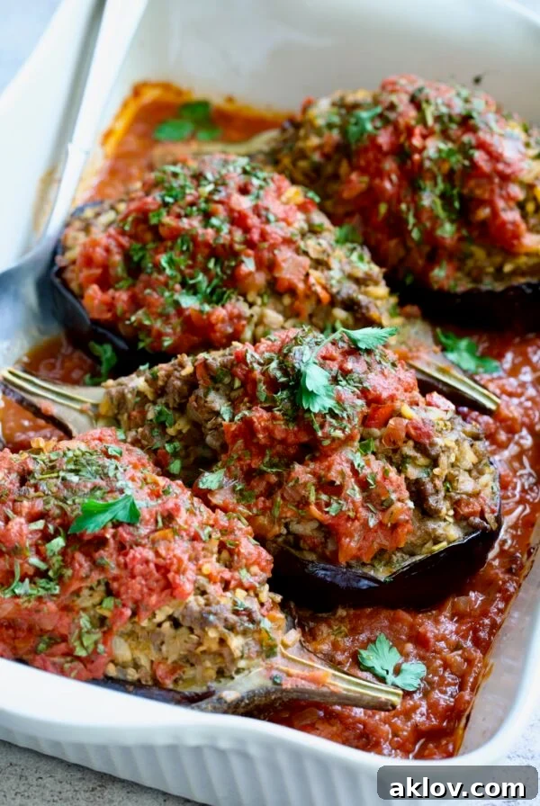 Four baked Stuffed Eggplant halves in white rectangular baking dish with serving spoon.
