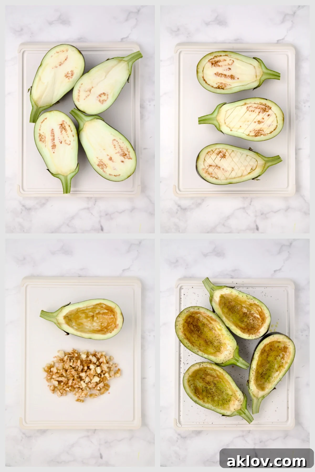 Collage of four steps for hollowing out eggplant halves.