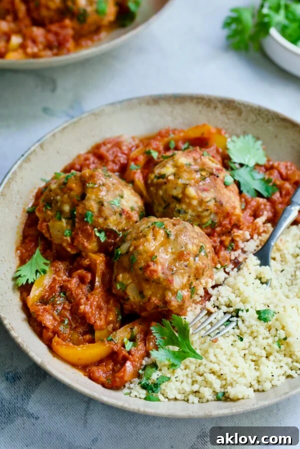 A beautiful bowl of Harissa Chicken Meatballs served with couscous.