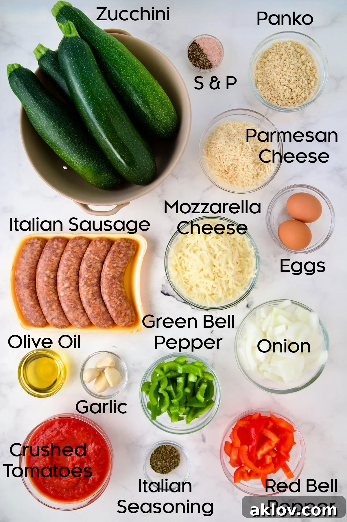 Ingredients for Zucchini Pizza Casserole in glass bowls.