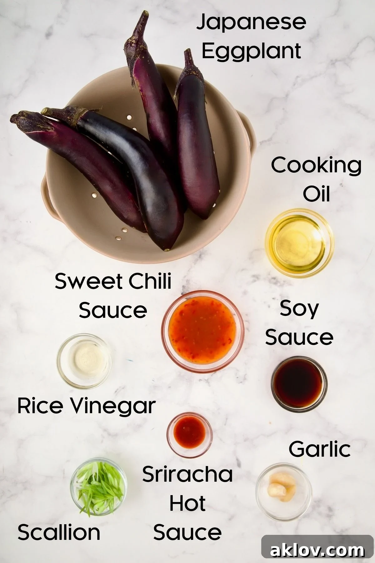 Thai Sweet Chili Glazed Eggplant Recipe 4 Ingredients for Thai Sweet Chili Eggplant in glass bowls.