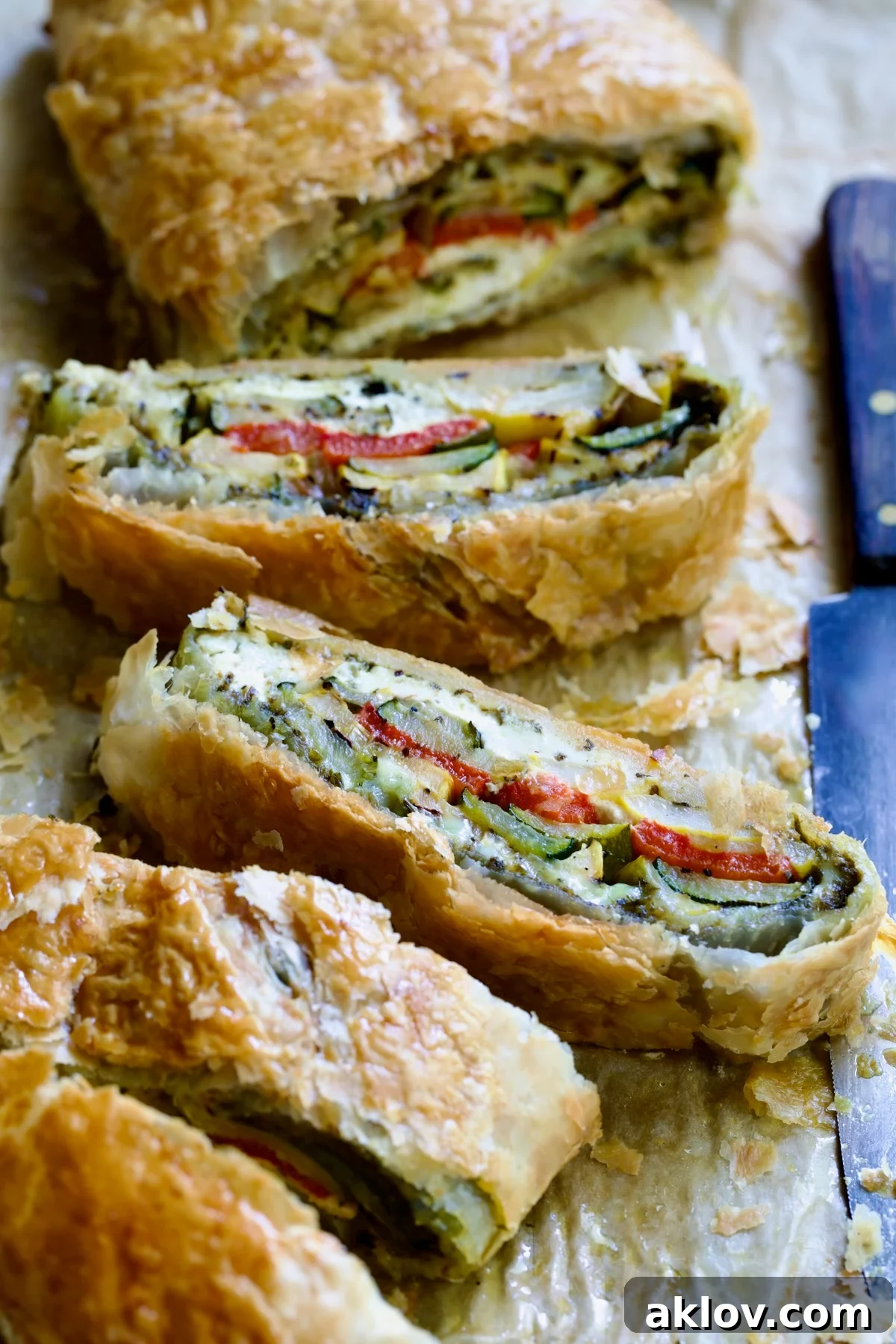 Sliced Italian Vegetable Strudel on parchment paper.