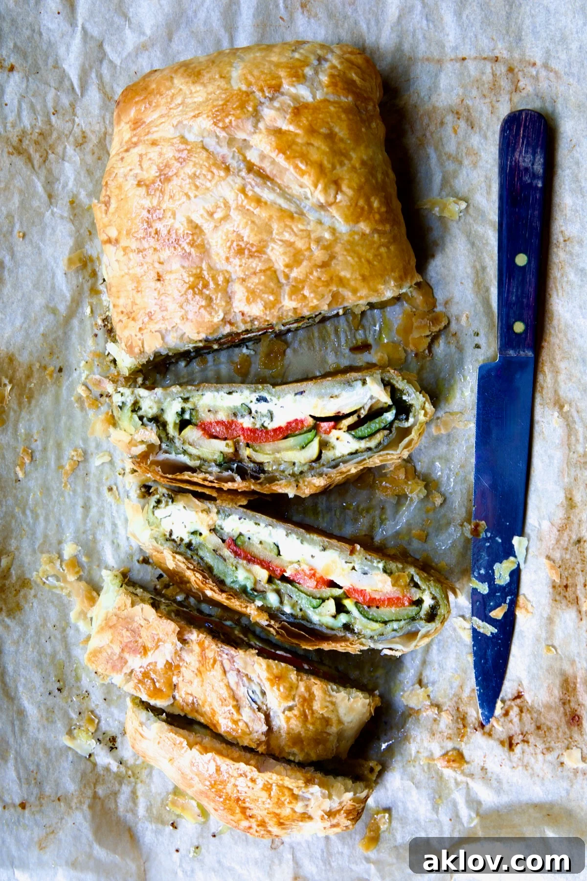 Sliced Italian Vegetable Strudel on parchment paper.