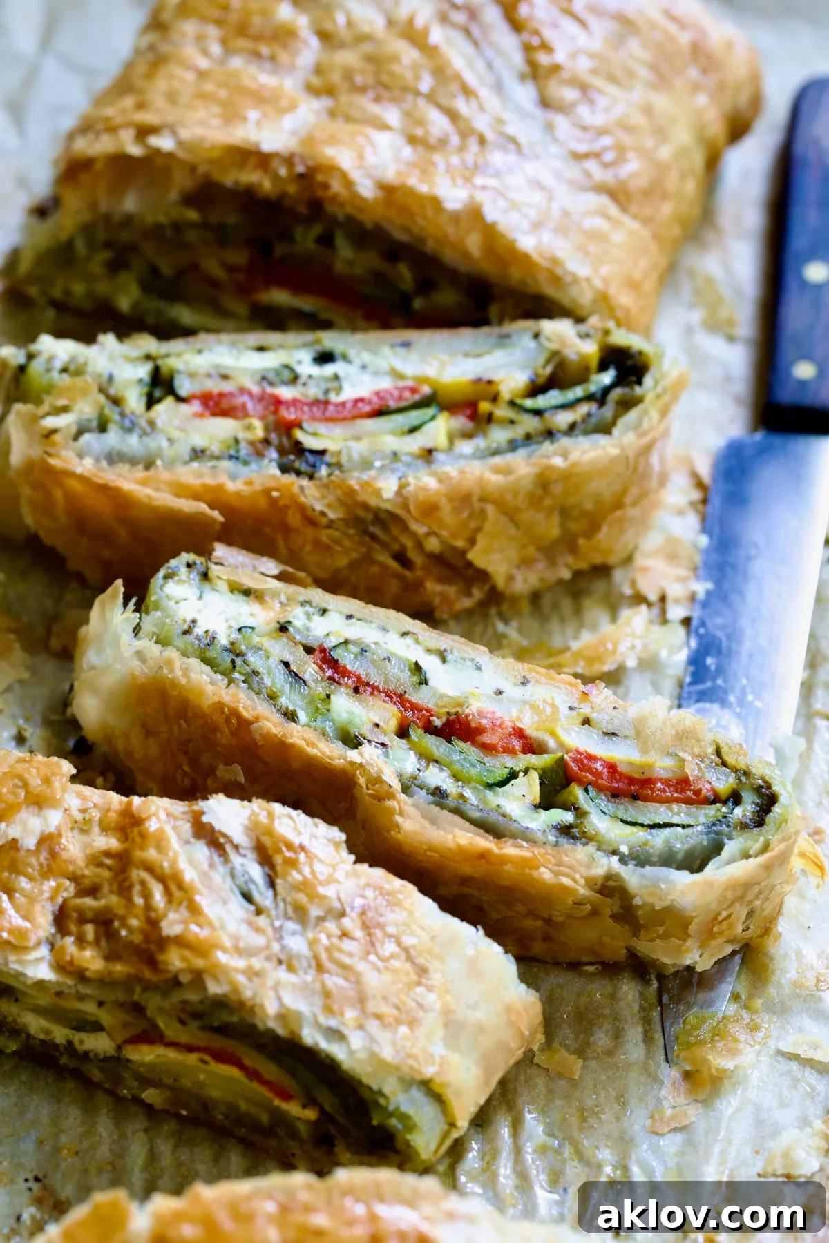 Sliced Italian Vegetable Strudel on parchment paper.