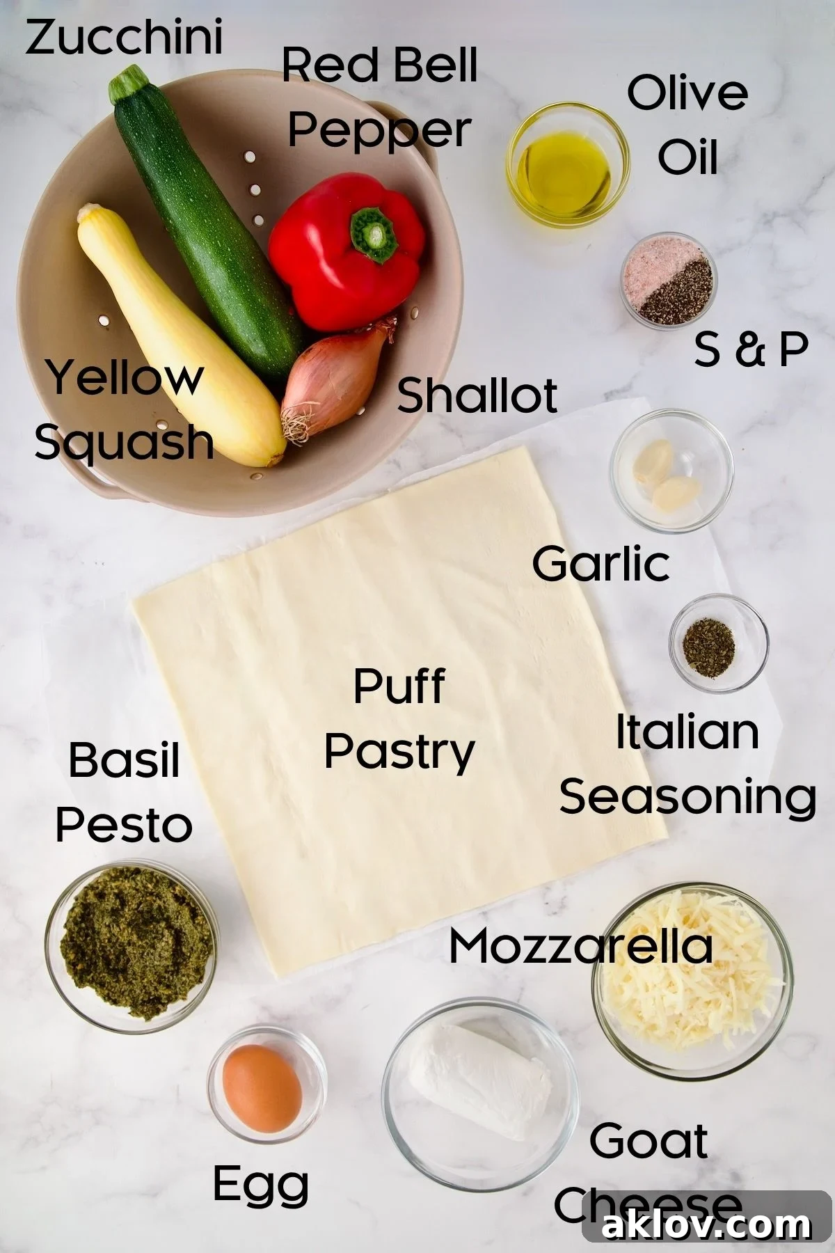 Ingredients for Italian Vegetable Strudel in glass bowls.