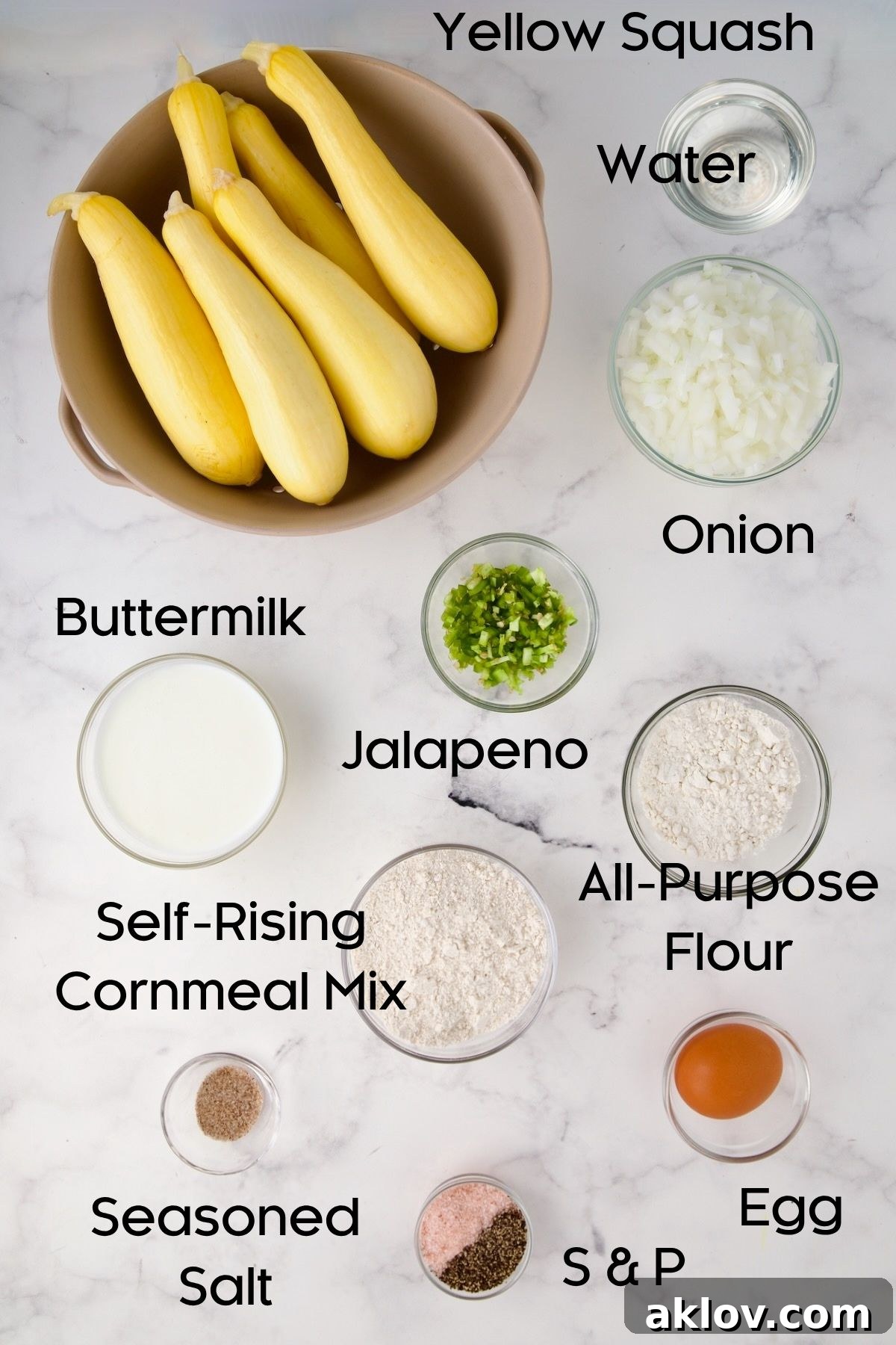 Ingredients for Squash Puppies in glass bowls.