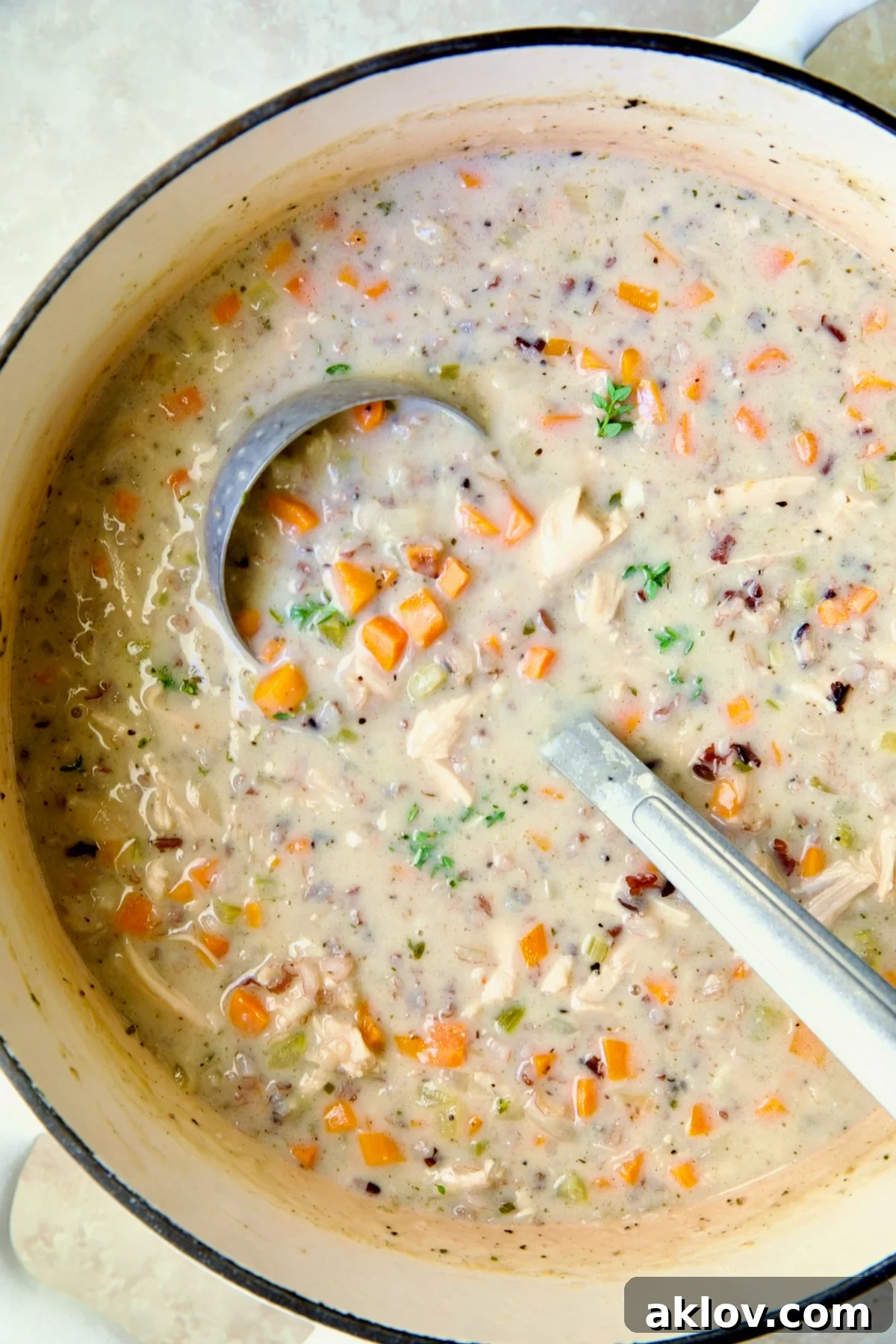 Creamy Chicken and Wild Rice Soup in white enamel Dutch oven with soup ladle.