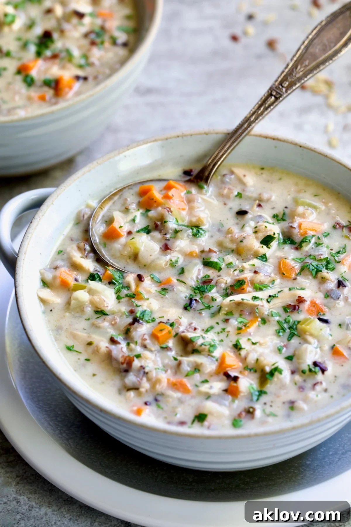 One serving of Creamy Chicken and Wild Rice Soup in white bowl with spoon.