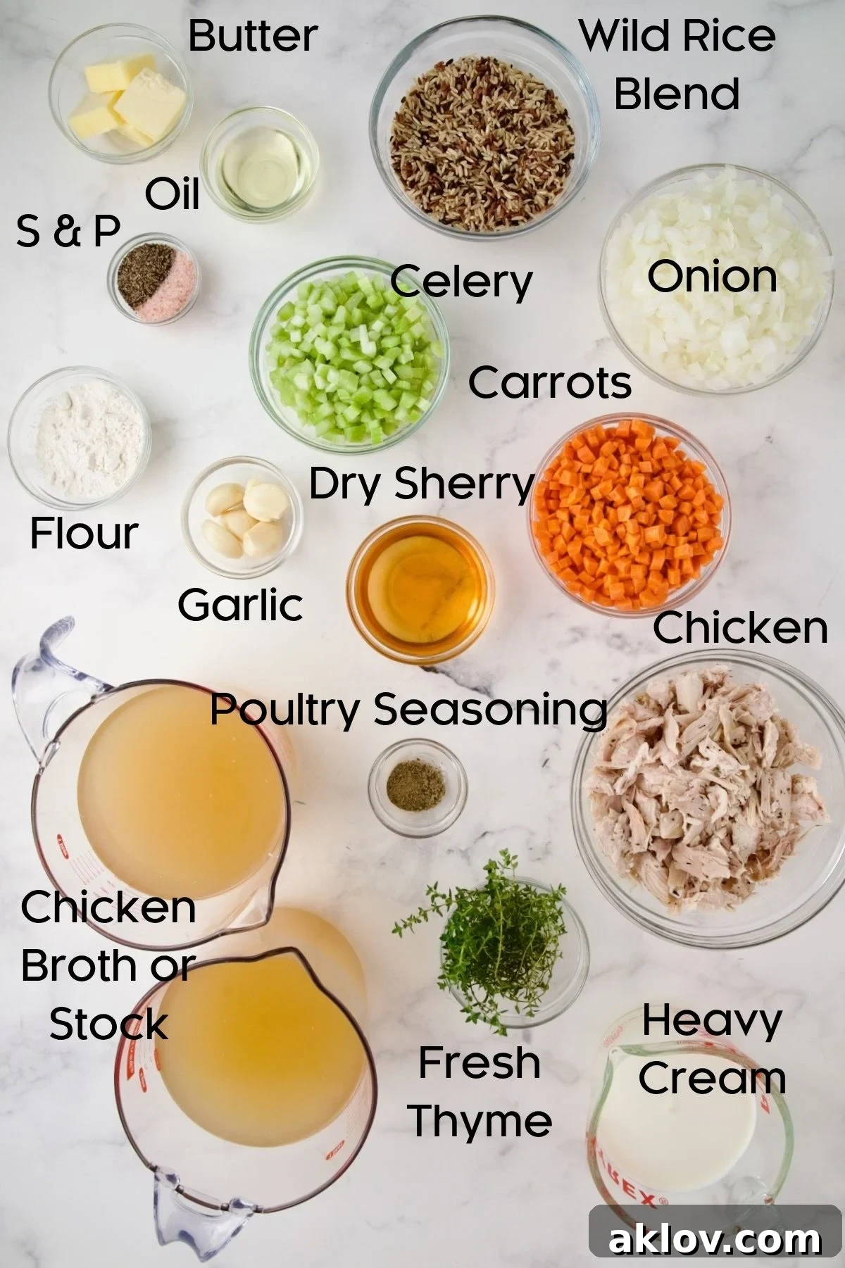 Ingredients for Creamy Chicken and Wild Rice Soup in glass bowls.